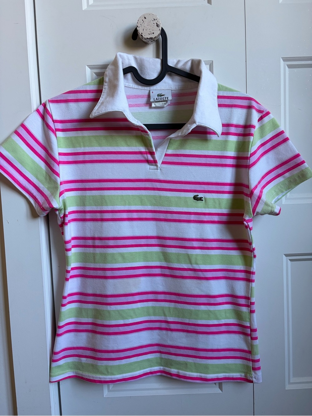 Lacoste White Polo with Pink & Light Green Stripes